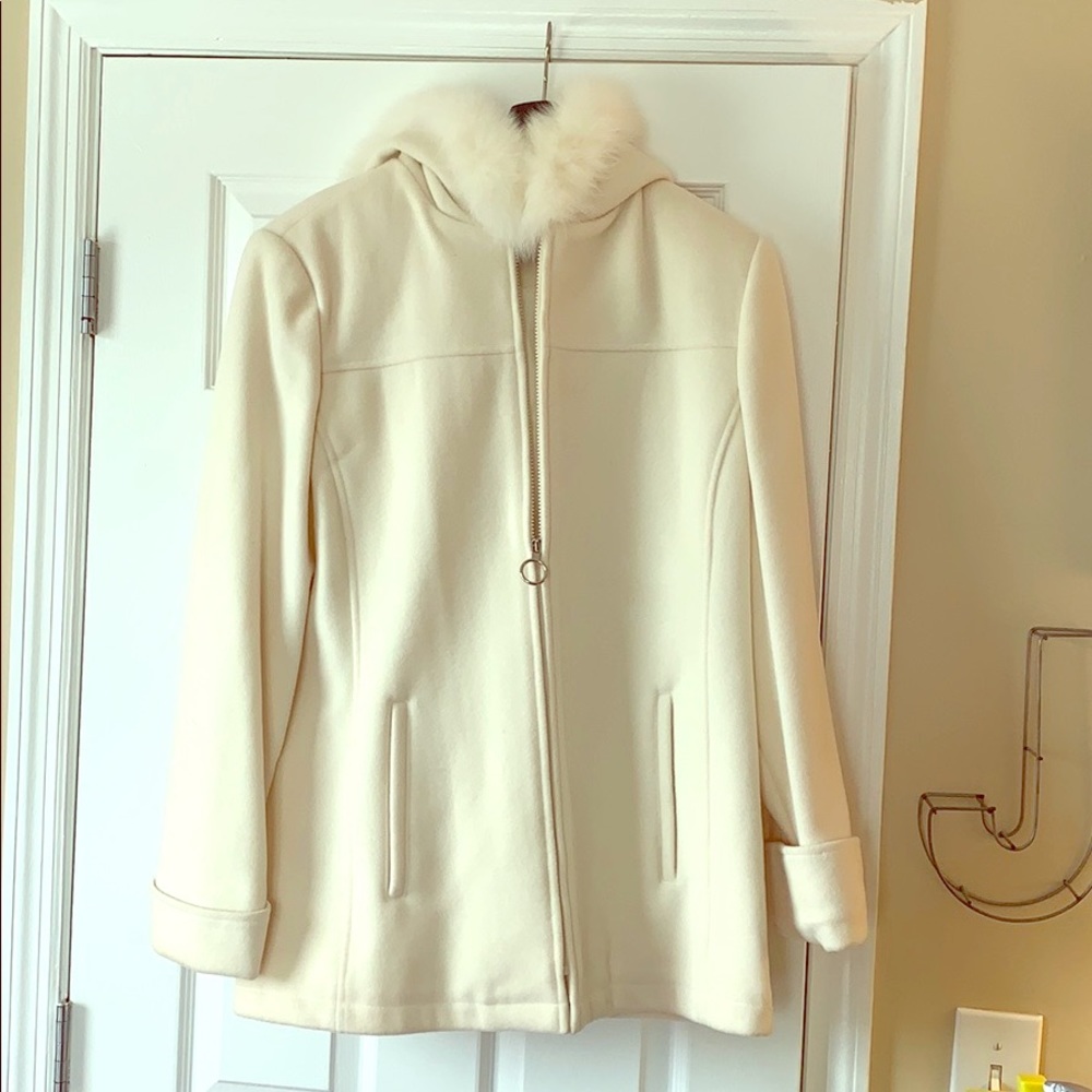 Ivory wool coat with fox fur hood